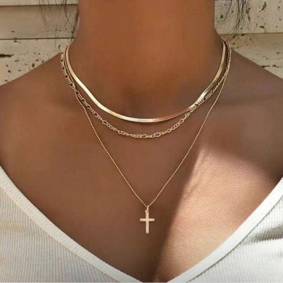 Gold Plated Stainless Steel 3pc Cross & Herringbone Necklace Set - Picture 1 of 3